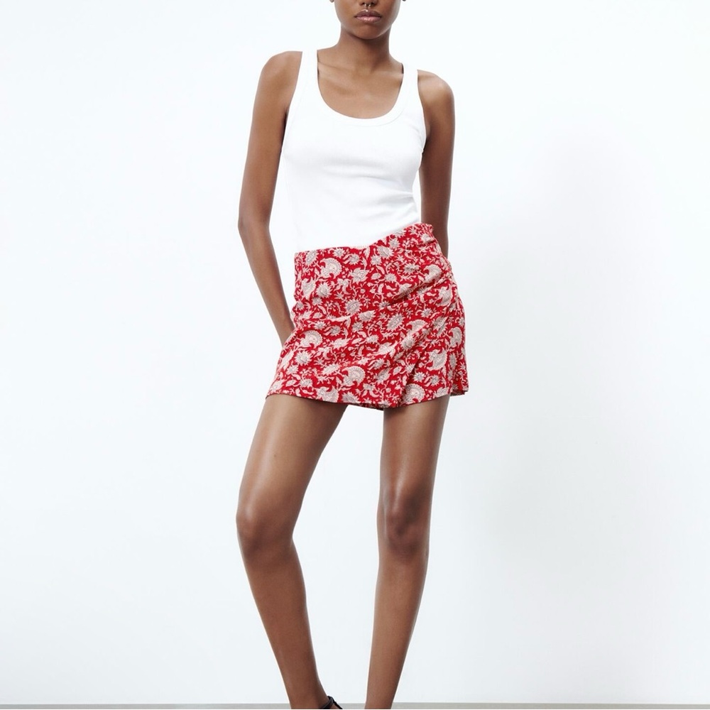 Zara Printed Pareo Skort Red Side Ties Flowy High Waisted Viscose BackZip Size S